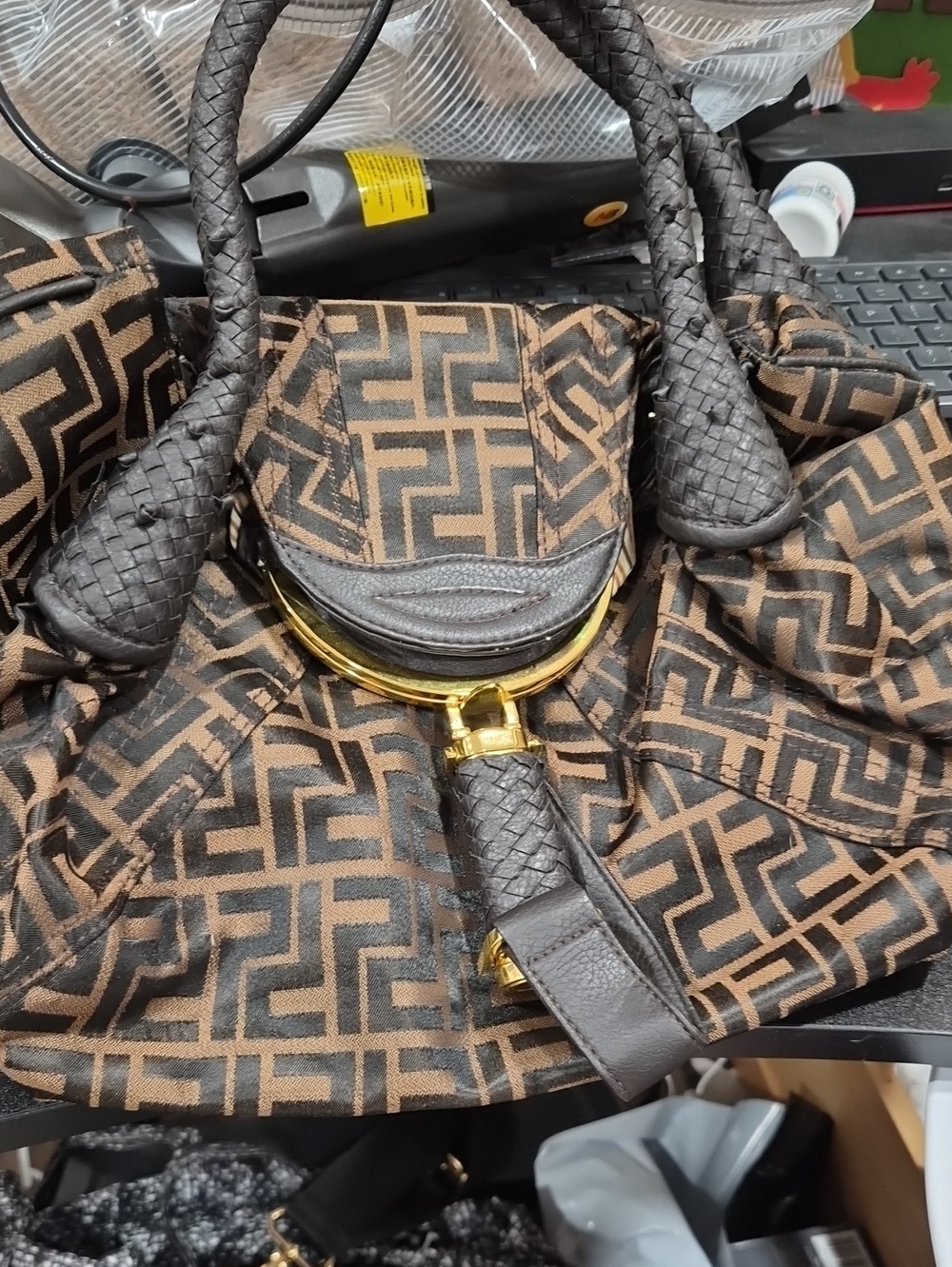 Brown Geometric Pattern Shoulder Bag with Gold Accent